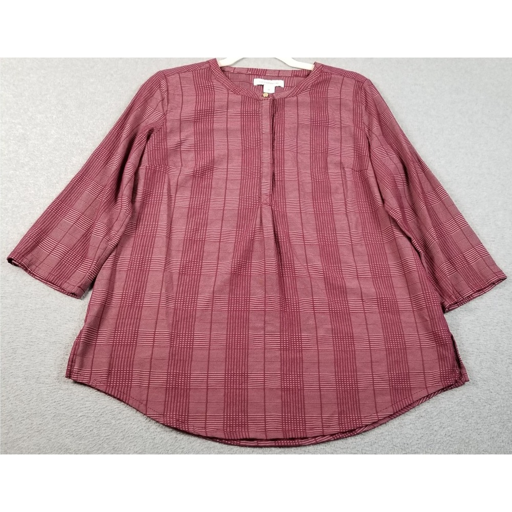 Liz Claiborne Blouse Womens Medium Burgundy Plaid 3/4 Sleeve Lightweight Stretch